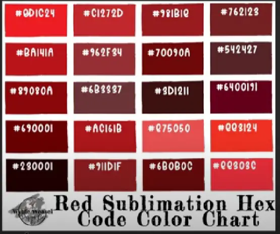 red sublimation hex color code chart